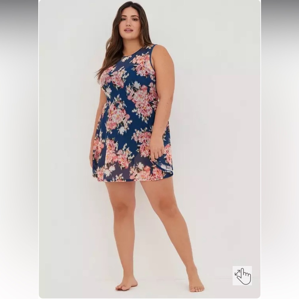 Torrid Underwire Long Mesh Overlay Swim Dress With Brief blue & pink floral